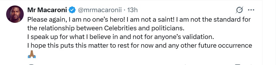 "I’m Nobody’s Hero!" – Mr Macaroni Claps Back At APC Supporters Over Celebrities Visiting Politicians