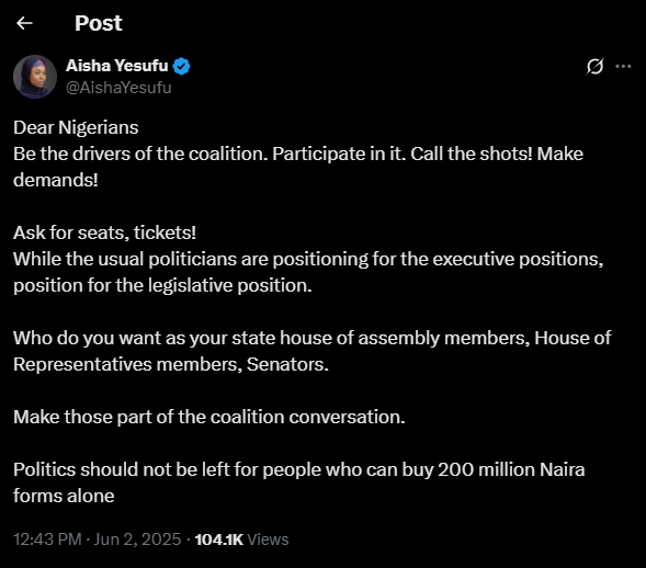 Aisha Yesufu Urges Nigerians to Lead Anti-Tinubu Coalition Ahead of 2027 Elections