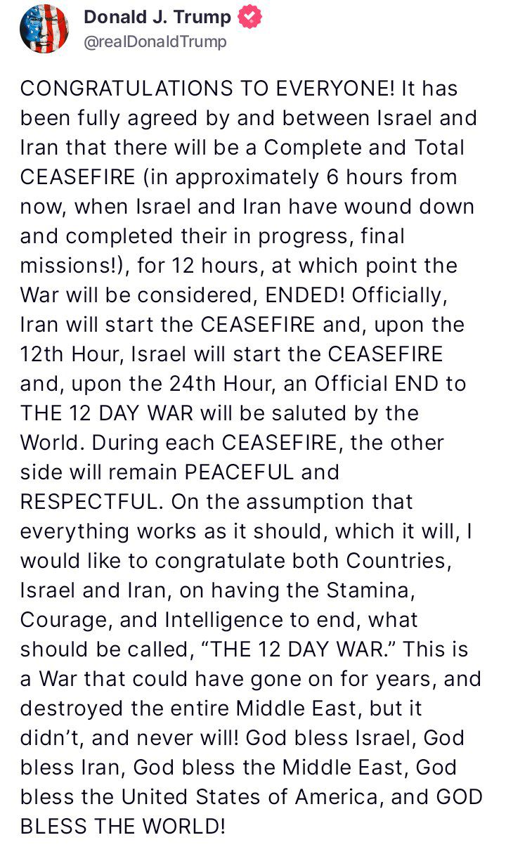President Trump Announces “Complete And Total” Ceasefire Between Israel And Iran Following 12-Day Exchange Of Attacks
