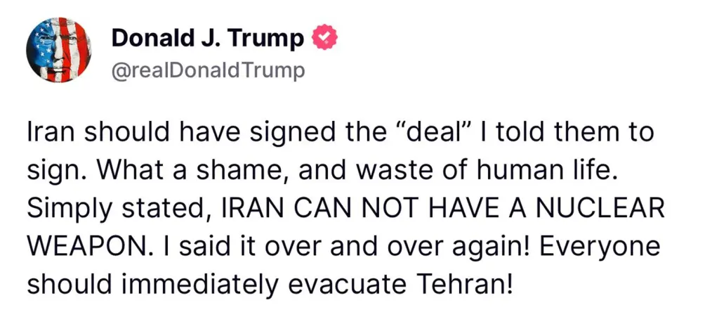 President Trump Urges Everyone To Evacuate Iranian Capital Amid War With Israel
