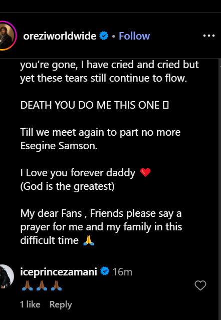 Orezi Mourns Father’s Death in Emotional Tribute
