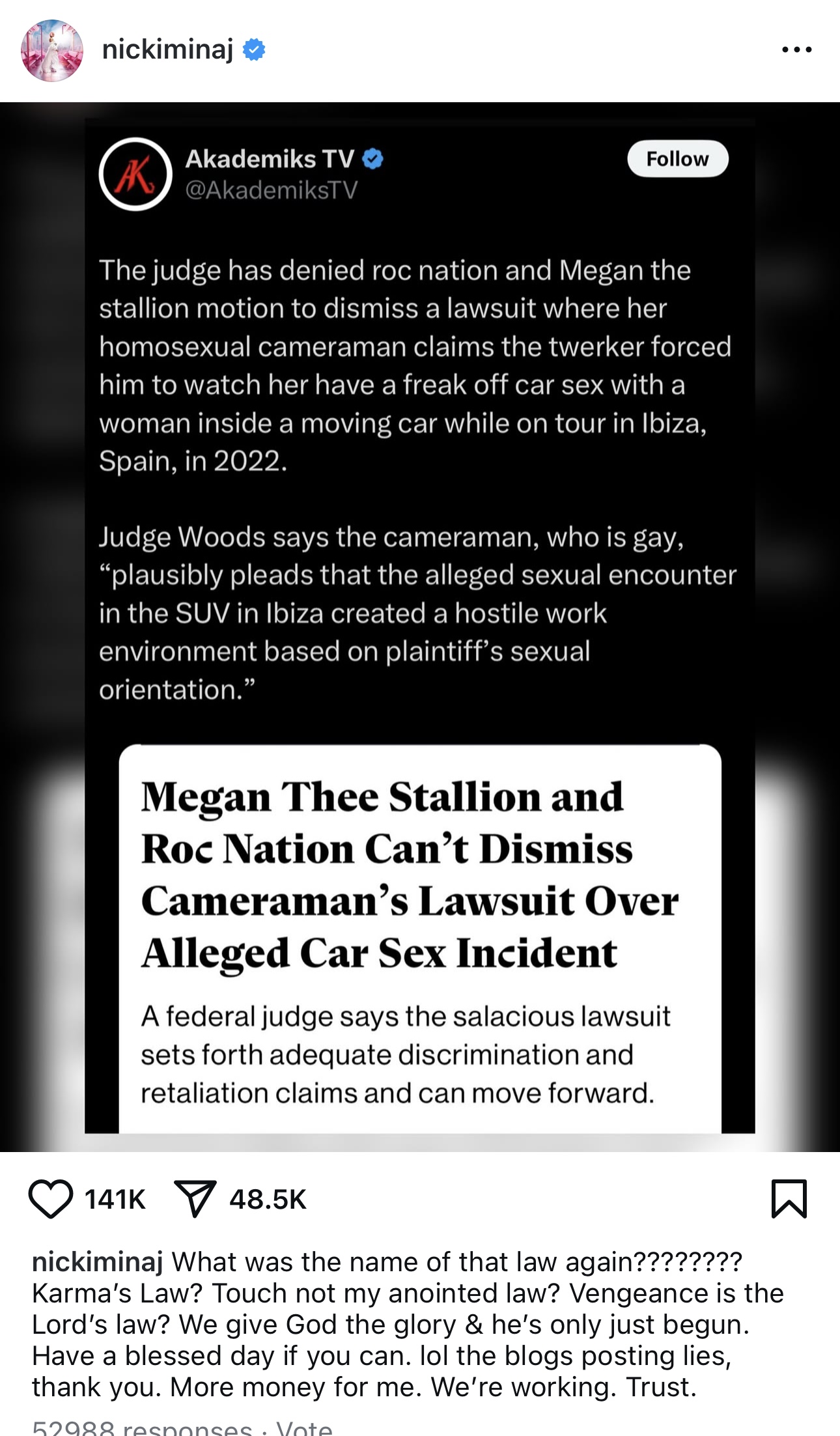 Nicki Minaj Reacts As Judge Allows Sexual Harassment Lawsuit Against Megan Thee Stallion To Proceed