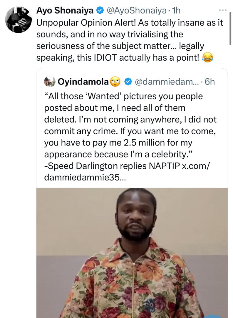 NAPTIP: Legally Speaking, This Individual Actually Has A Point – Lawyer Ayo Shonaiya Reacts To Speed Darlington's Defence
