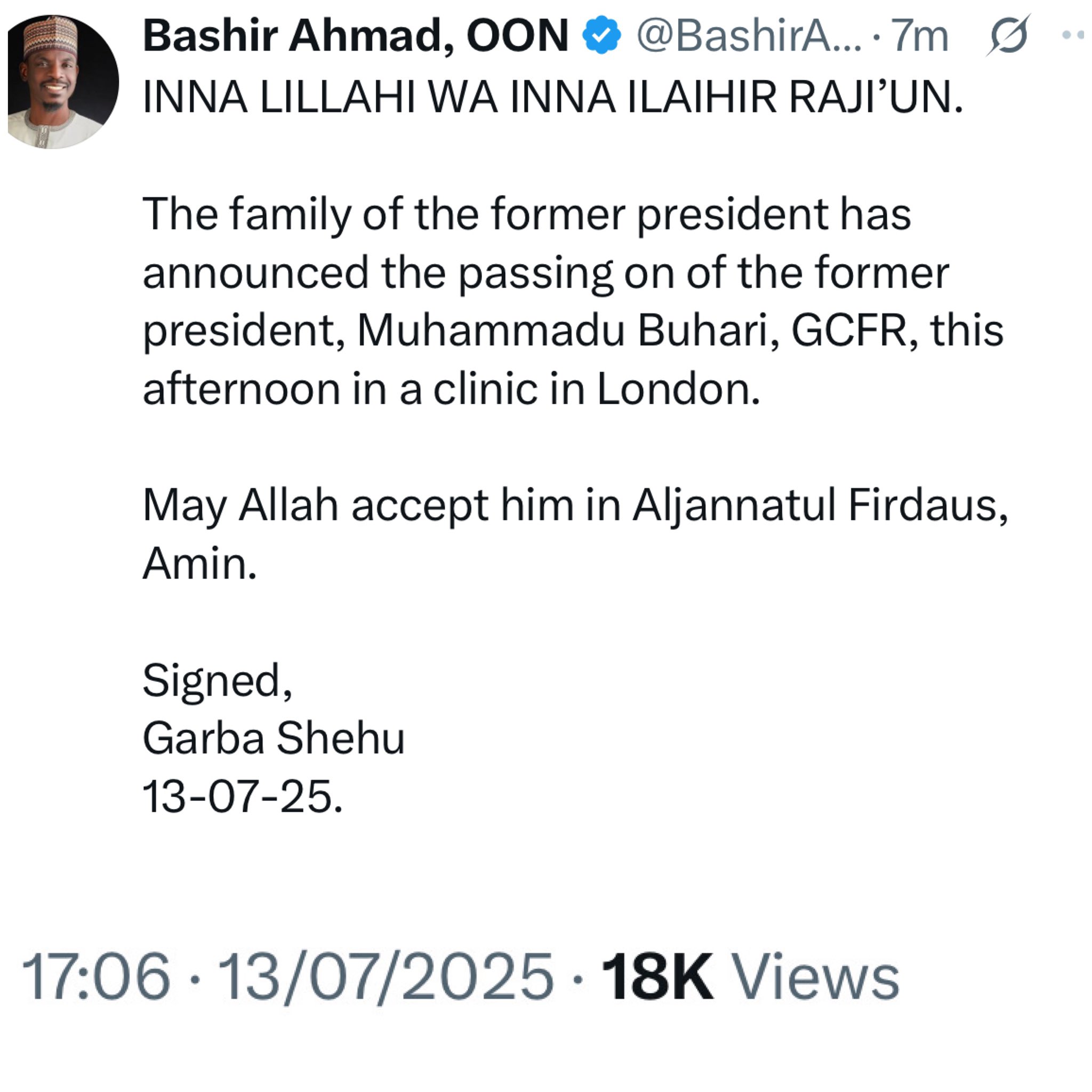 Former President Muhammadu Buhari Has Passed Away