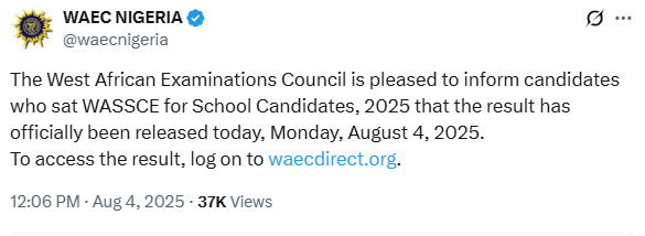 WAEC Releases 2025 WASSCE Results for School Candidates