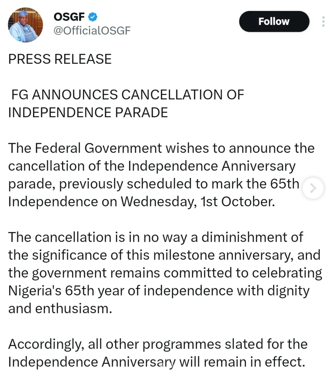 FG Cancels Independence Day Parade For Nigeria’s 65th Anniversary