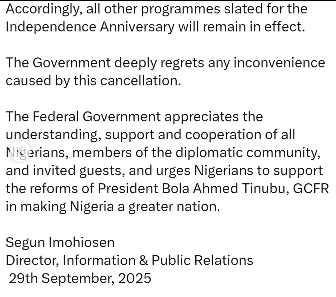 FG Cancels Independence Day Parade For Nigeria’s 65th Anniversary