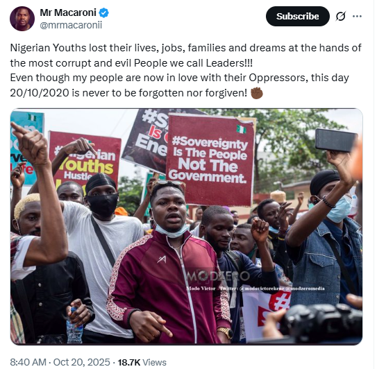 "Even though my people are now in love with their oppressor, this day will never be forgotten" - Mr Macaroni Writes As He Remembers Lekki Tollgate Incident On #EndSARS Anniversary