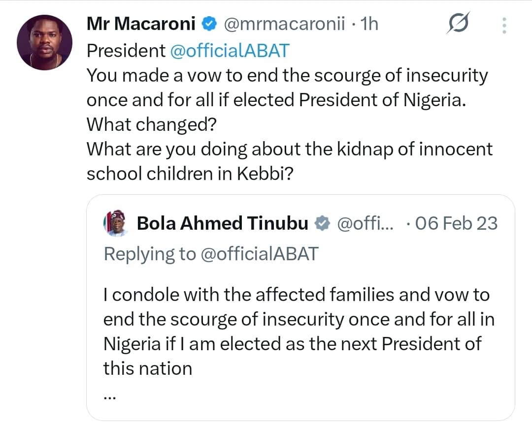 Mr Macaroni Calls Out President Tinubu Over Kebbi Schoolchildren Kidnap