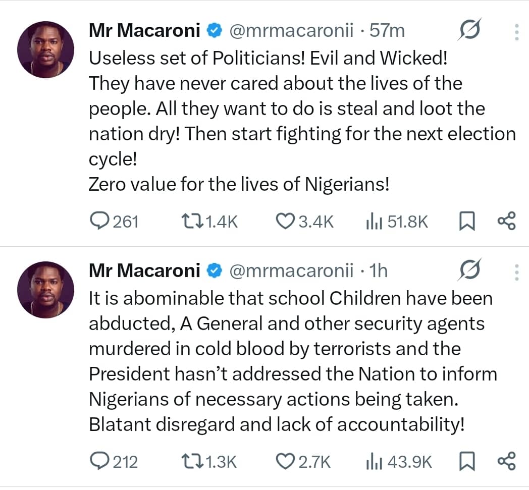 Mr Macaroni Calls Out President Tinubu Over Kebbi Schoolchildren Kidnap