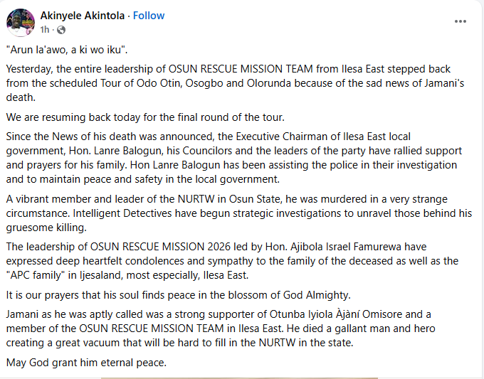 Osun NURTW Leader Shot Dead In Ilesa As Police Launch Investigation