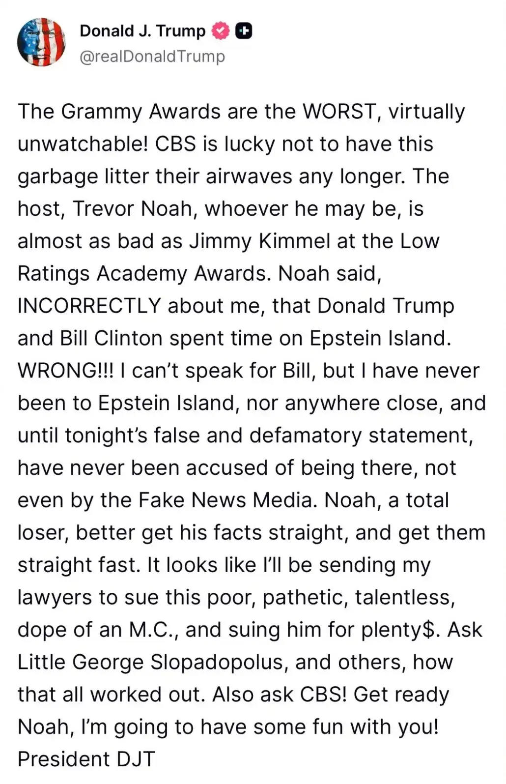 Trump Threatens Legal Action Against Trevor Noah Over Grammy Joke